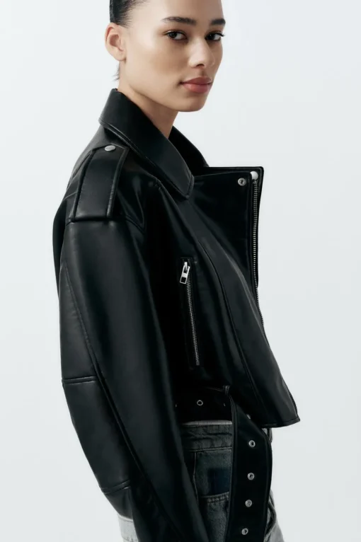 CAZADORA BIKER CROP EFECTO PIEL