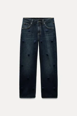 JEANS RECTOS FLORES SATINADAS TIRO ALTO