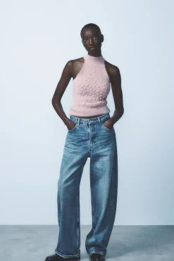 TOP HALTER EFECTO PELO PERLAS