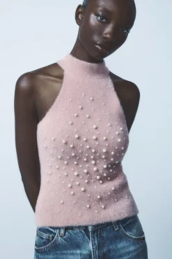 TOP HALTER EFECTO PELO PERLAS