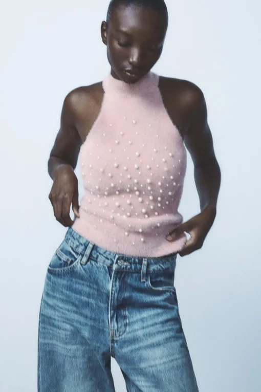 TOP HALTER EFECTO PELO PERLAS