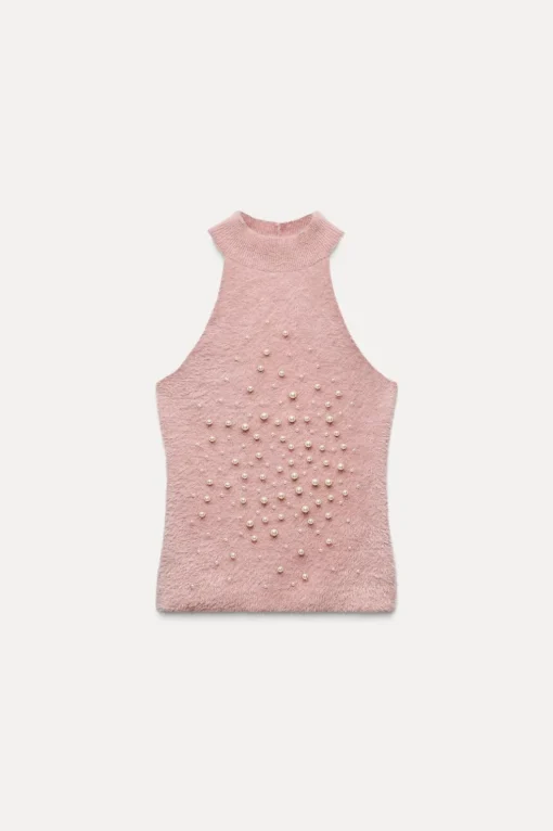 TOP HALTER EFECTO PELO PERLAS