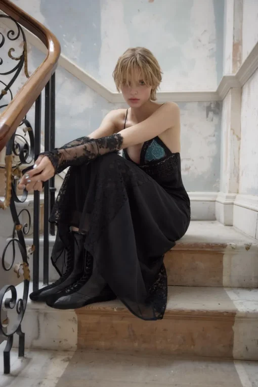 VESTIDO COMBINADO BORDADO ABALORIOS