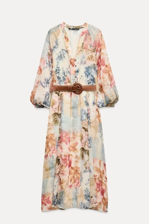 VESTIDO MIDI ESTAMPADO FLORAL CINTURÓN