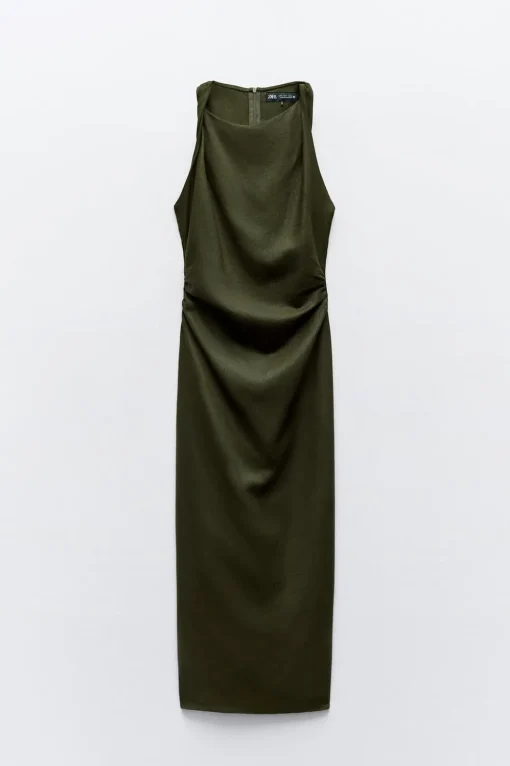 VESTIDO MIDI MANGA ENROSCADA CON LINO