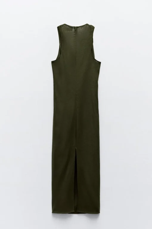 VESTIDO MIDI MANGA ENROSCADA CON LINO